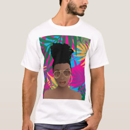 Schwarze Frau mit Sunglücken, tropisch farbige Blä T-Shirt