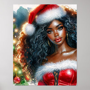 Schwarze Frau mit Weihnachtsbaum im Santa-Look Poster