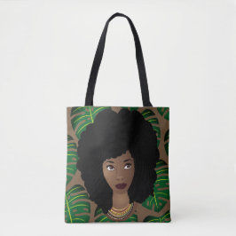 Schwarze Frau, Naturhaare, grüne Blätter, braun Tasche
