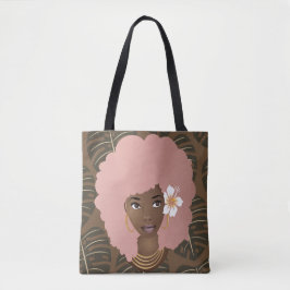 Schwarze Frau, rosa Afro, Blattmuster, braun Tasche