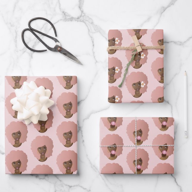 Schwarze Frau, rosa Afro, natürliches Haar, rosa Geschenkpapier Set (Vorderseite)