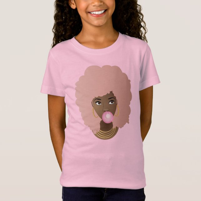 Schwarze Frau, rosa Afro, Poppingrosa Blase Gummi T-Shirt (Vorderseite)