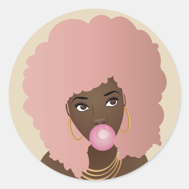 Schwarze Frau, rosa Afro, Poppingrosa Bubblegum Runder Aufkleber (Vorderseite)