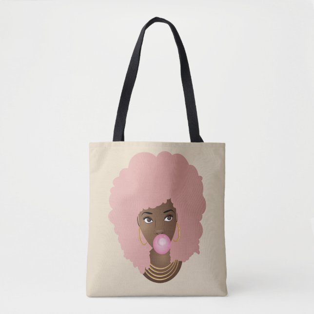 Schwarze Frau, rosa Afro, Poppingrosa Bubblegum Tasche (Vorderseite)
