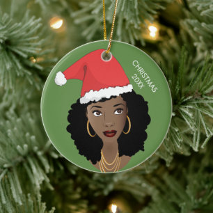 Schwarze Frau, rote Weihnachtsmannmütze, aktuelles Keramik Ornament