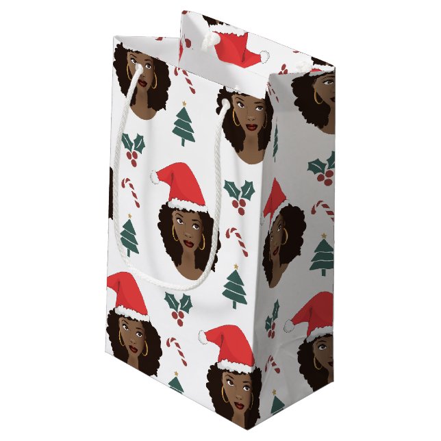 Schwarze Frau, Rote Weihnachtsmannmütze, Weihnacht Kleine Geschenktüte (Rückseite Schrägansicht)