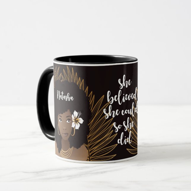 Schwarze Frau, sie glaubte, sie könnte, Gold und S Tasse (Vorderseite Links)