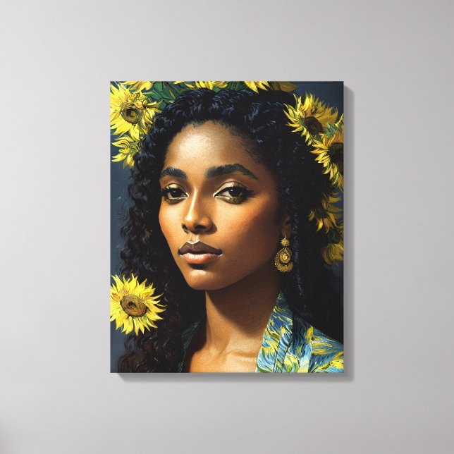 Schwarze Frau Sonnenblume Portrait Van Gogh Style Leinwanddruck (Vorderseite)