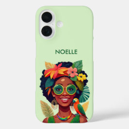 Schwarze Frau, tropische Blume und Papagei iPhone 16 Hülle
