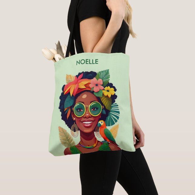Schwarze Frau, tropische Blume und Papagei Tasche (Von Nahem)