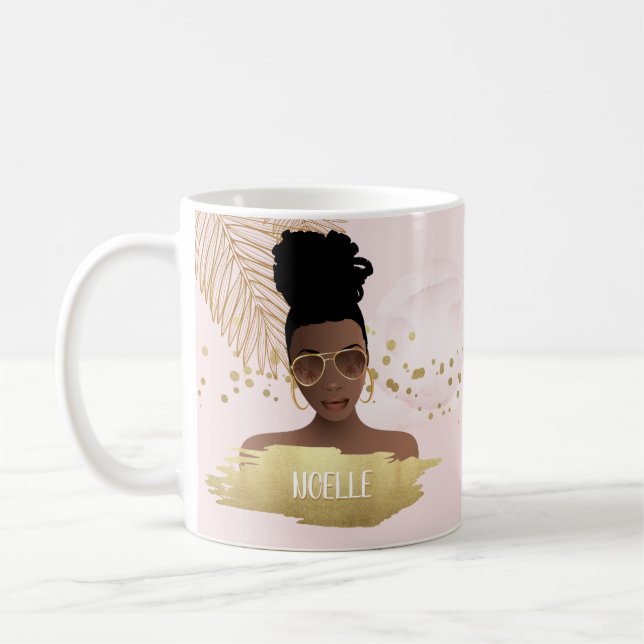 Schwarze Frau, tropisches Gold Leaf & Shades, rosa Kaffeetasse (Links)