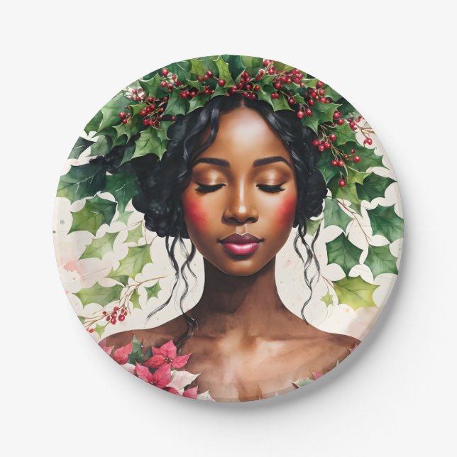 Schwarze Frau Weihnachten Holly Poinsettia Kunst Pappteller (Vorderseite)