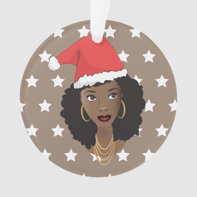Schwarze Frau Weihnachten Weihnachtsmannmütze, Whi Ornament (Vorderseite)