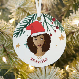 Schwarze Frau, Weihnachts-Rote Weihnachtsmannmütze Ornament Aus Metall