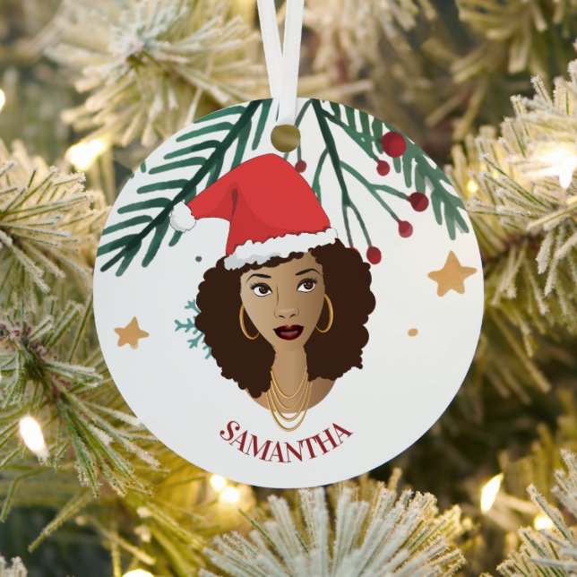 Schwarze Frau, Weihnachts-Rote Weihnachtsmannmütze Ornament Aus Metall (InSitu)