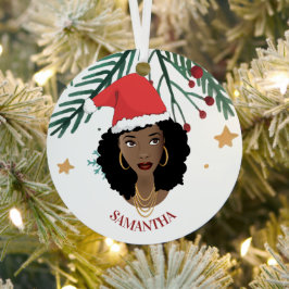 Schwarze Frau, Weihnachts-Rote Weihnachtsmannmütze Ornament Aus Metall