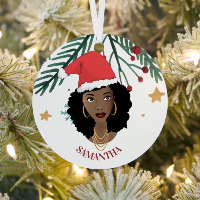 Schwarze Frau, Weihnachts-Rote Weihnachtsmannmütze Ornament Aus Metall (InSitu)