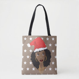 Schwarze Frau, Weihnachtsmannmütze, Muster der wei Tasche