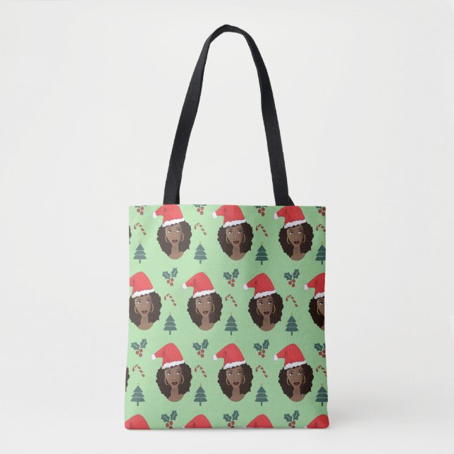 Schwarze Frau, Weihnachtsmannmütze, Weihnachtsmust Tasche (Vorderseite)