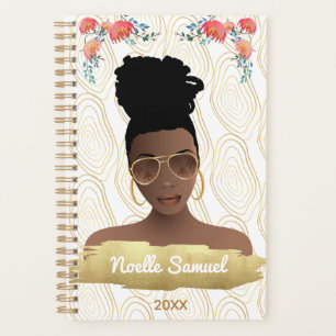 Schwarze Frau, Whimsikische Blume Gold Formen Planer
