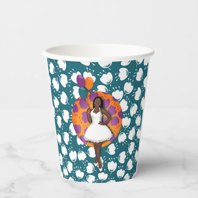 Schwarze Frauen farbenfrohe Balloons Blume Muster  Pappbecher (Vorderseite)