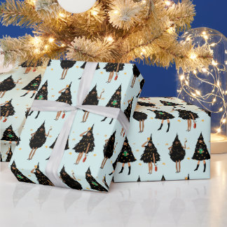 Schwarze Frauen im Schwarzen Weihnachtsbaum-Party Geschenkpapier
