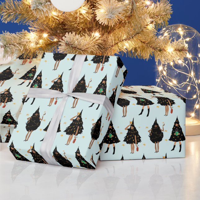Schwarze Frauen im Schwarzen Weihnachtsbaum-Party  Geschenkpapier (Feiertage)