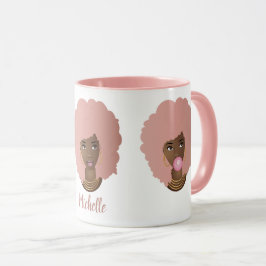 Schwarze Frauen mit rosa Afro, Bubblegum und Blume Tasse