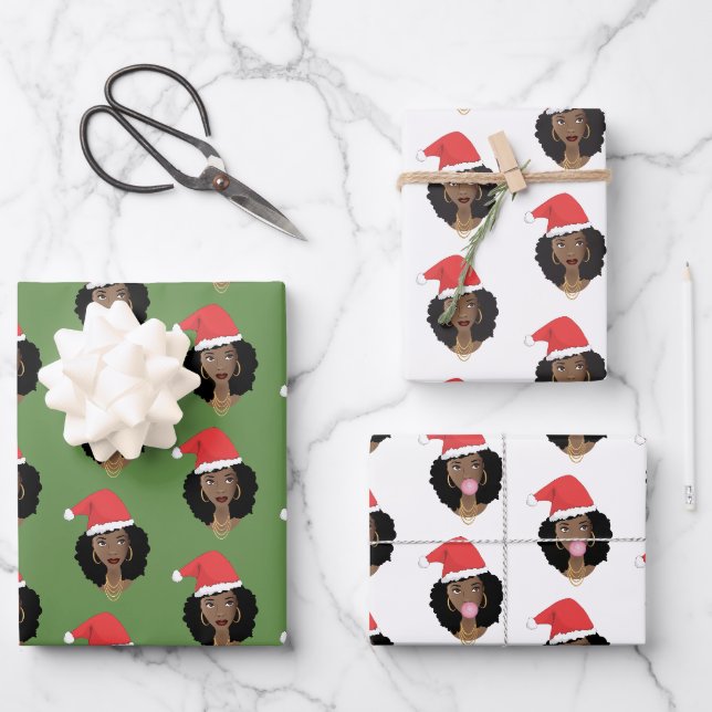 Schwarze Frauen, Rote Weihnachtsmannmütze, Gummi,  Geschenkpapier Set (Vorderseite)