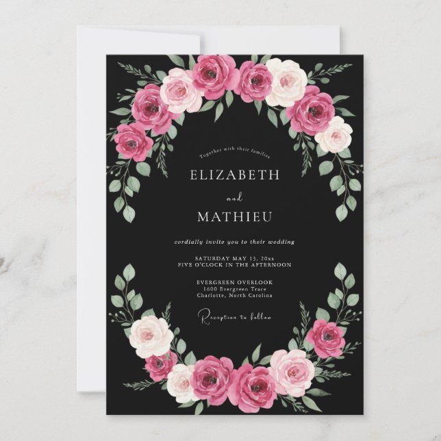 Schwarze Fuchsien-Hochzeit Einladung (Vorderseite)