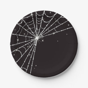 Schwarze funkelnde Diamantspinnennetz Pappteller