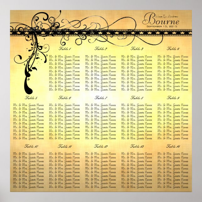 Schwarze Funky Elegante Wirbel Seating Chart Table Poster (Vorne)