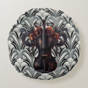 Schwarze Geige im Art Deco GMajor Rundwurfpilz Rundes Kissen