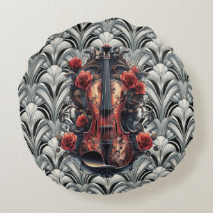 Schwarze Geige im Art Deco GMajor Rundwurfpilz Rundes Kissen