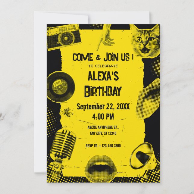 SCHWARZE GELBE GRUNGE PUNK POP ART INVITATION EINLADUNG (Vorderseite)