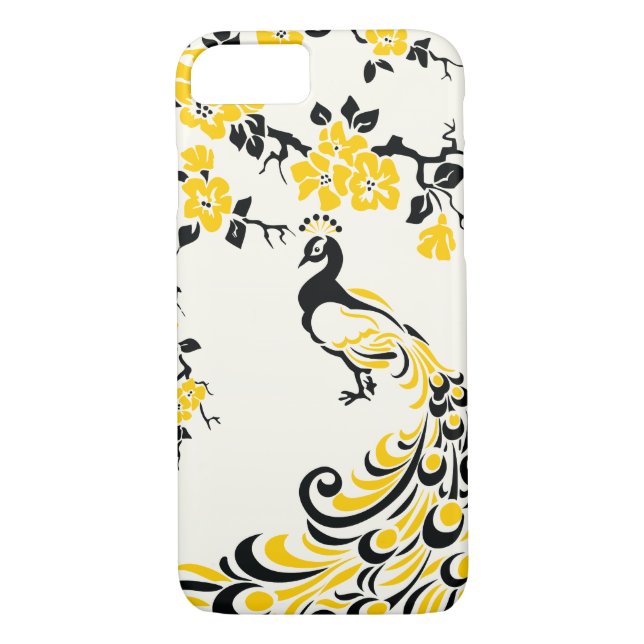 Schwarze, gelbe Pfau- und Kirschblüten Case-Mate iPhone Hülle (Rückseite)