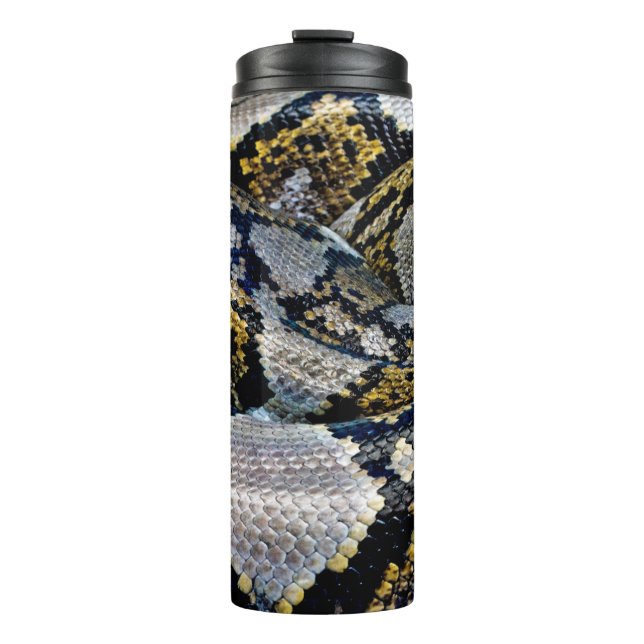 Schwarze, gelbe und graue Python Thermosbecher (Vorderseite)