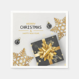 Schwarze Geschenkboxen Weihnachtsbälle Gold Schnee Serviette