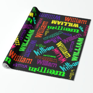 Schwarze Geschenkverpackung Neonfarbe Name Collage Geschenkpapier