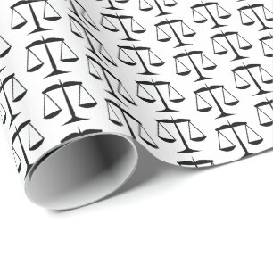 Schwarze Gesetzeswaage der Justiz auf Weiß Geschenkpapier