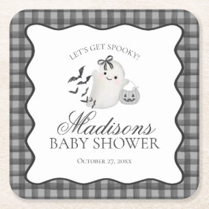 Schwarze Gingham Little Boo Geist Baby Shower Bar Rechteckiger Pappuntersetzer