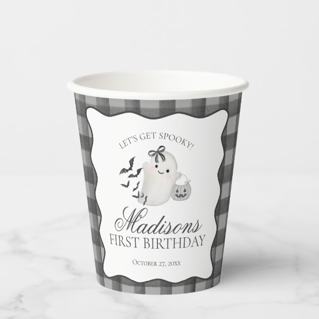 Schwarze Gingham Little Boo Geist Geburtstag Kaffe Pappbecher (Vorderseite)