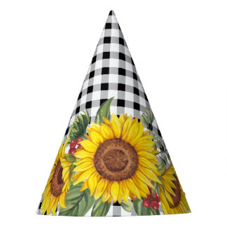 Schwarze Gingham und Sonnenblumen Blumenmädchen Partyhütchen