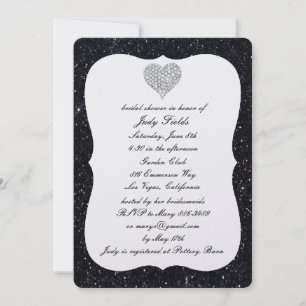 Schwarze Glitter-Diamant-Herz-Hochzeitsdusche-Einl Einladung