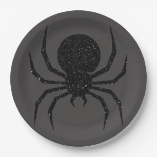 Schwarze Glitter-Spinne Halloween Pappteller