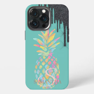 Schwarze Glittertropfen Ananas Minze Grün iPhone 13 Pro Hülle