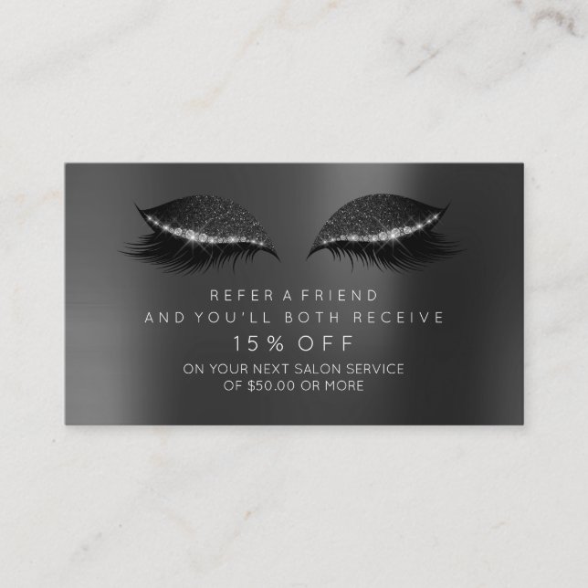 Schwarze Glitzer-Lashes-Karte des Salons Makeup1 Empfehlungskarte (Vorderseite)