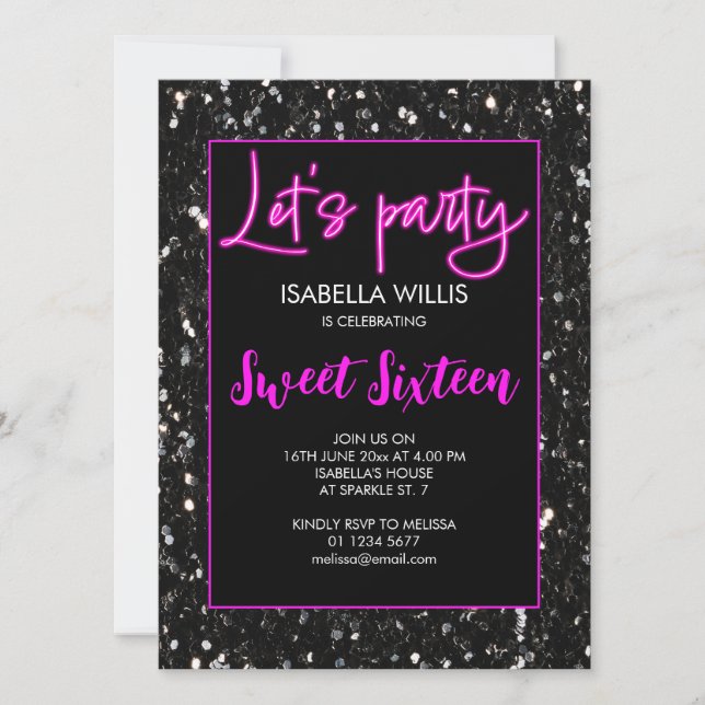 Schwarze Glitzern Sweet 16 neon pink lasse Party Einladung (Vorderseite)