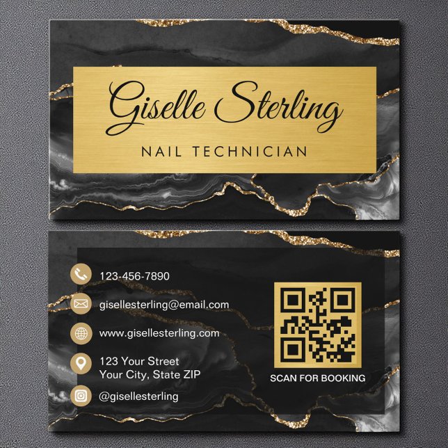Schwarze Gold-Achat-Nageltechnikerin-Glitter-QR-Co Visitenkarte (Von Creator hochgeladen)