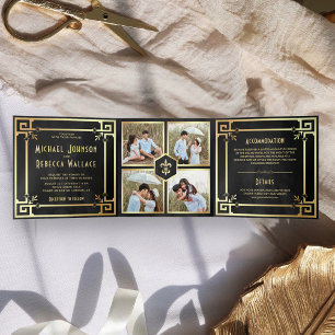 Schwarze Gold Art Deco Foto Collage Hochzeit Dreifach Gefaltete Einladung